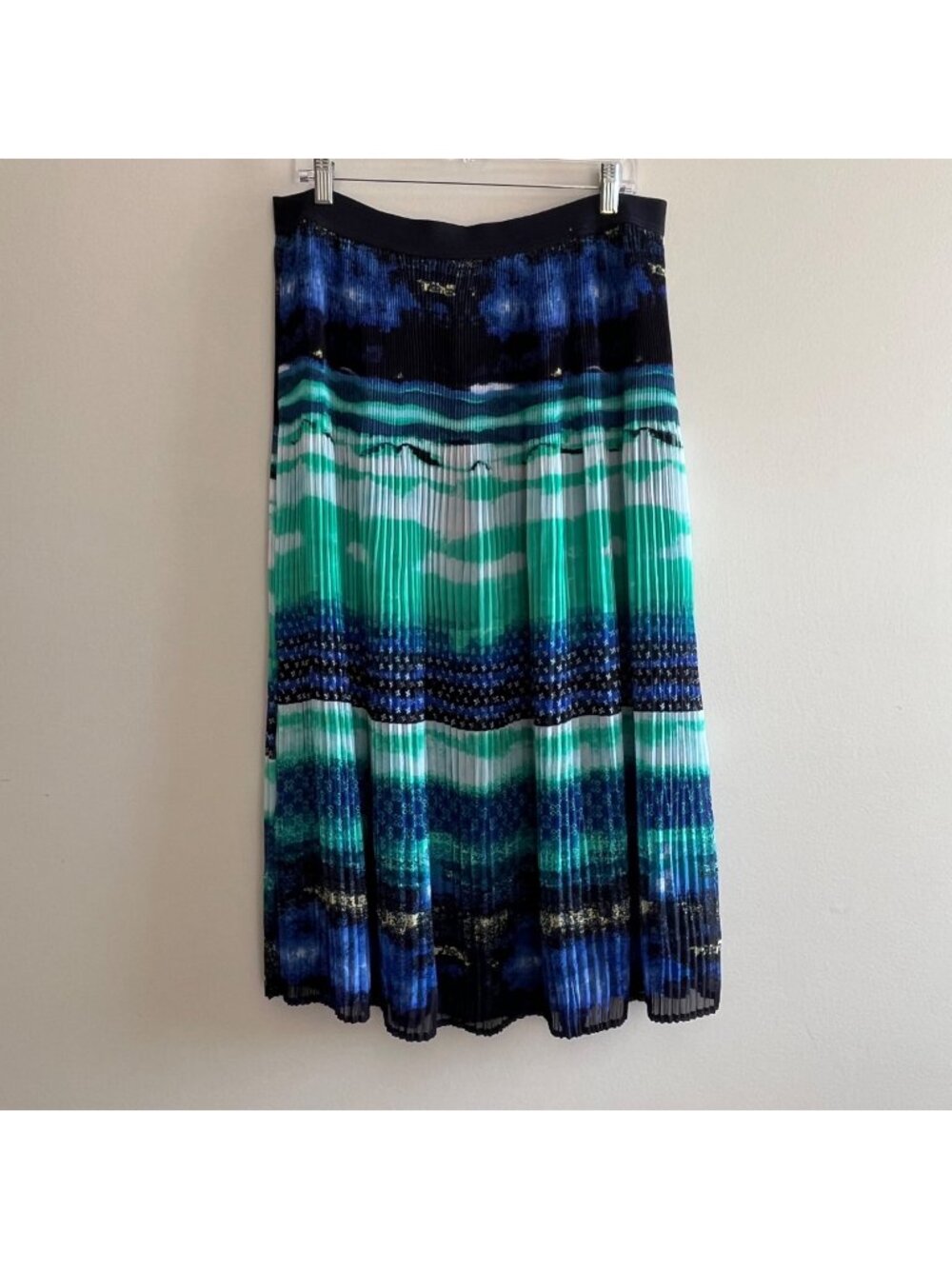 Valerie Stevens Pleated Midi Skirt Womens XL Blue Green Watercolor Tie Dye